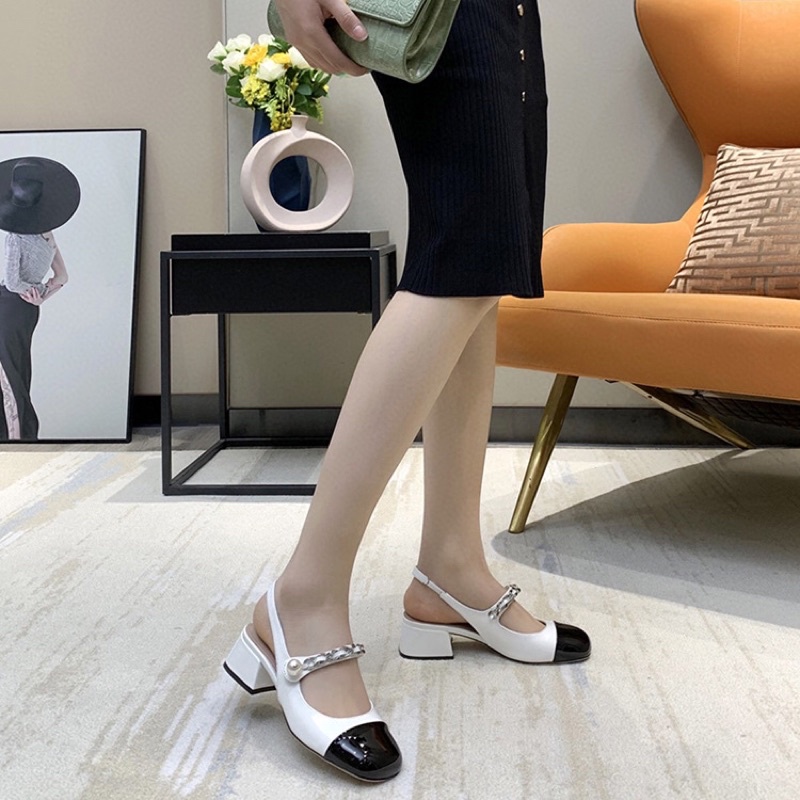Giày Cao Quai Ngang Đính Ngọc Đế Vuông 3Cm Hở Gót Chân Nữ Tính