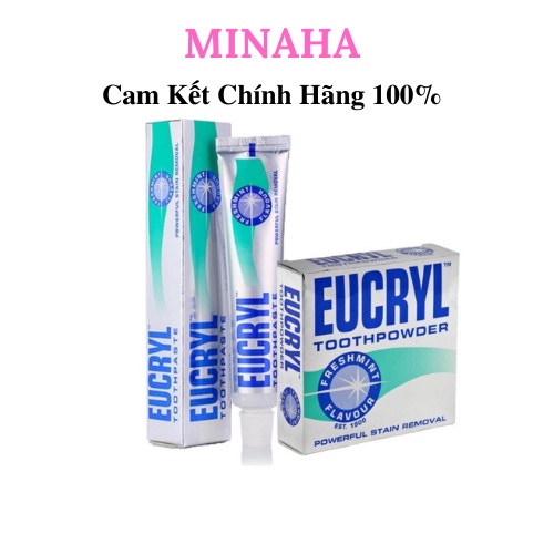 Bột Trắng Răng EUCRYL Toothpowder Anh Quốc, Kem Đánh Răng tẩy trắng răng thơm miệng chính hãng(bột 50g, Kem 62g)