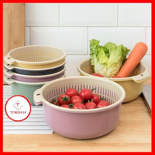 Rổ kèm thau nhựa 2 lớp rửa trái cây rau củ tiện dụng 2 quai cầm nắm dễ dàng đồ dùng cho nội trợ