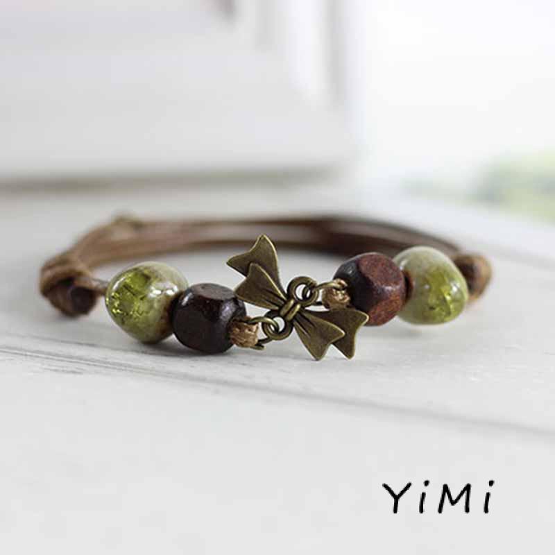 Vòng Tay Dây Bện Phối Hạt Gốm Phong Cách Dân Tộc