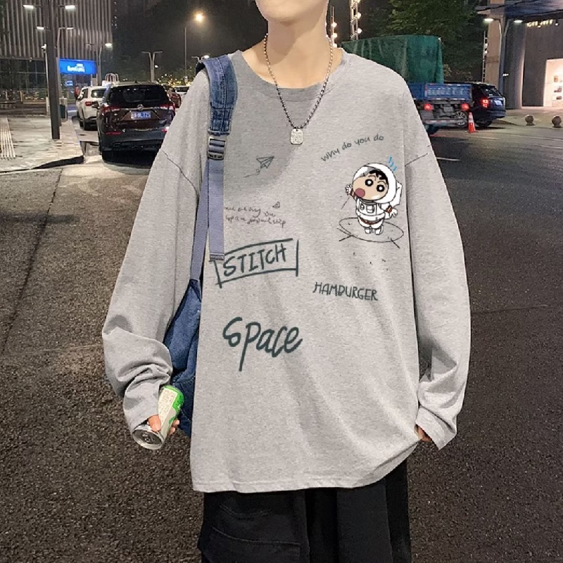 Áo Thun Tay Dài Cổ Tròn Dáng Rộng In Họa Tiết Hoạt Hình Phong Cách Hip Hop Hàn Quốc Thời Trang Cho Nam Size M-5XL