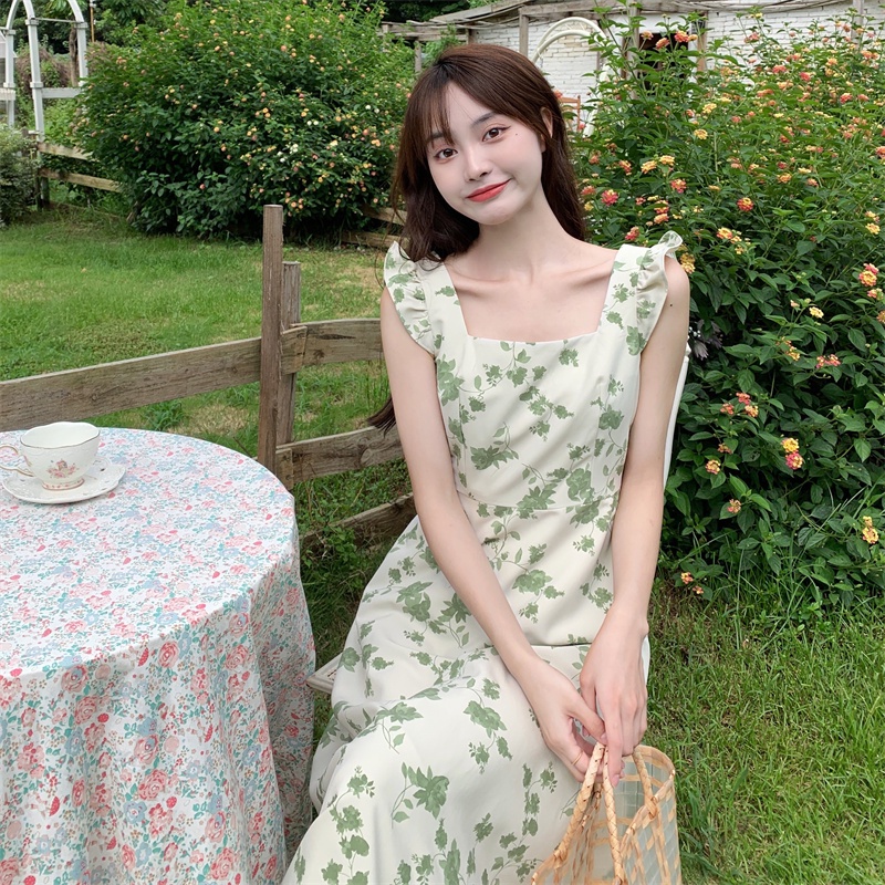 Đầm Dáng Chữ A Cổ Vuông Thiết Kế Mỏng Họa Tiết Hoa Xinh Xắn Thời Trang Mùa Hè