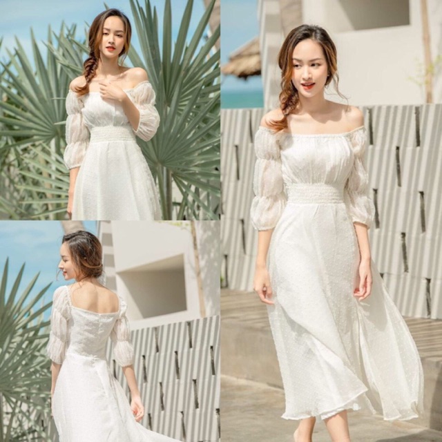 Đầm maxi trễ vai trắng