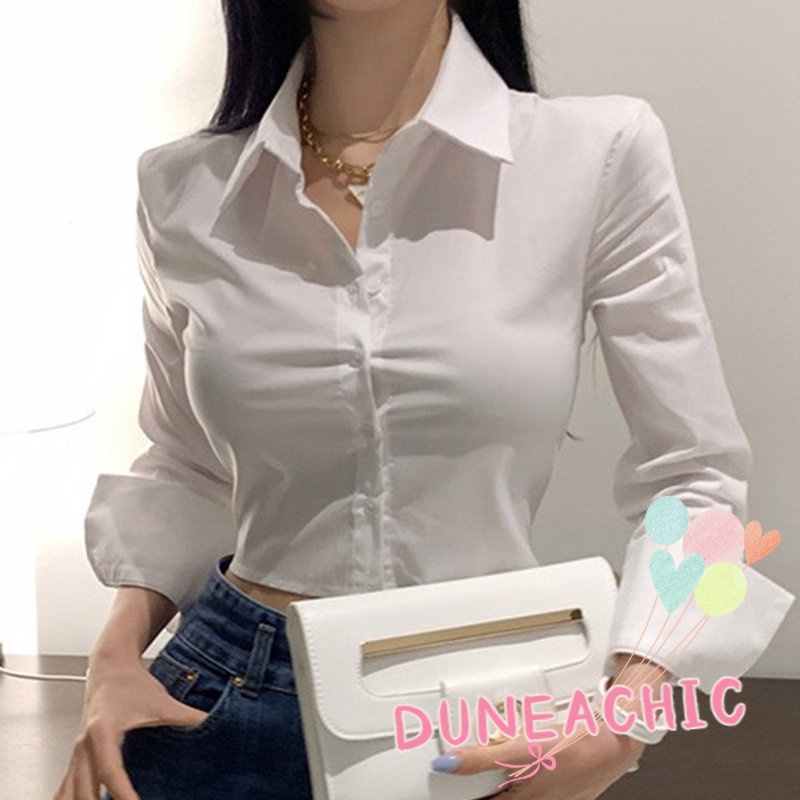 DUNEA Áo Sơ Mi Tay Dài Dáng Ngắn Hở Eo Quyến Rũ Cho Nữ