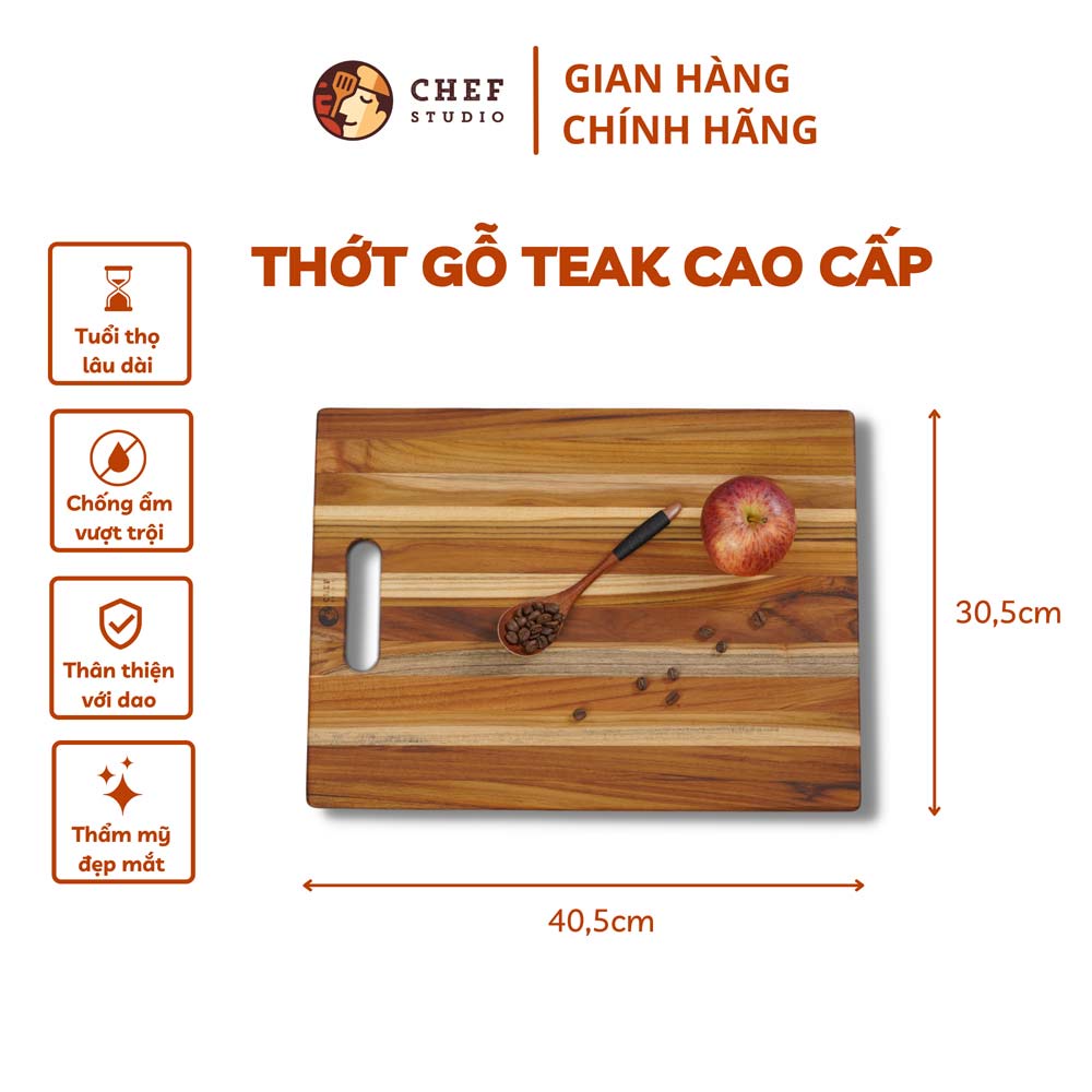 Thớt gỗ Teak Chef Studio cao cấp hình chữ nhật có tay nắm, dùng cho cắt thái và trang trí