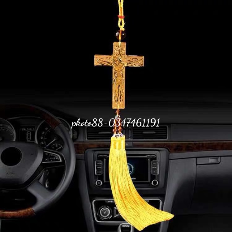 Thánh giá treo gương xe ô tô- Thánh giá chúa - trang trí ô tô mẫu chùm đá pha lê và dây tua rua đem lại bình an