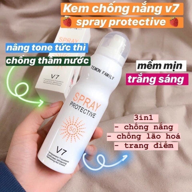 Xịt Chống Nắng V7, Xịt Nâng Tone Dưỡng Trắng Da, Che Khuyết Điểm, Spray Protective SPF50 238ml,HQ