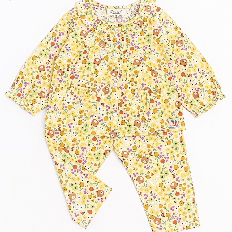 Bộ Dài Tay Cho Bé Gái Carrot, Họa Tiết Hoa Vàng Nền Xanh, Teddy Hồng, Vàng, Chất Thô Cotton Thoáng Mát Thấm Hút Mồ Hôi
