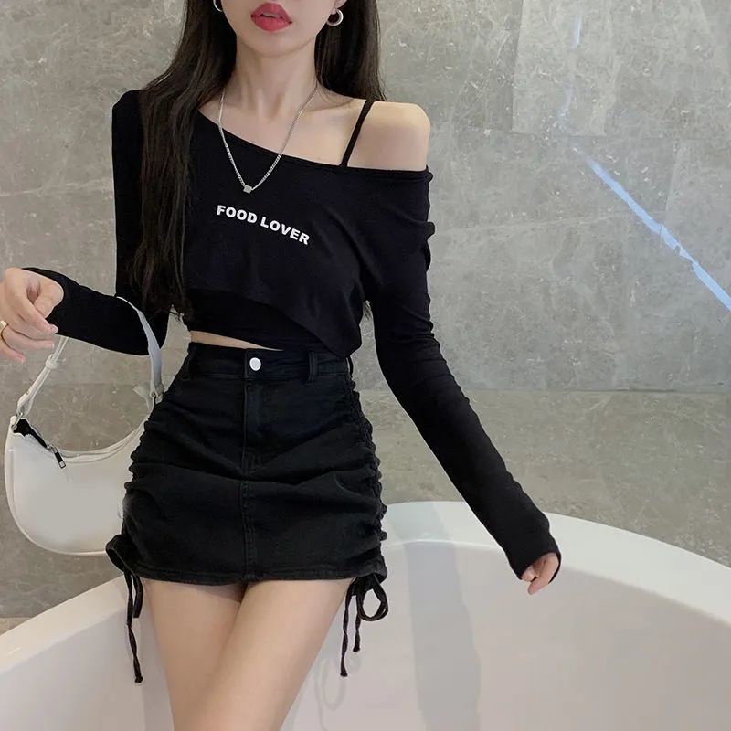 COZOK Chân váy denim lưng cao phối dây rút thời trang cho nữ