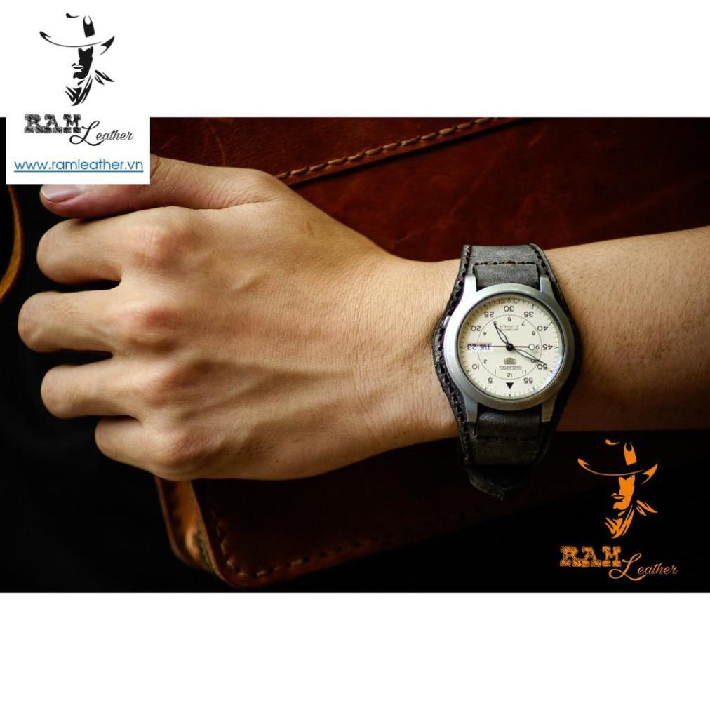 Dây Đồng Hồ Da Bò Ram Bundstrap Bx1939 Da Bò Xám Than Lục Quân Đức - RAM