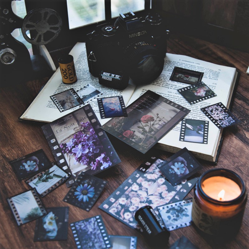 Set 30 sticker film vintage hoa cúc, hoa hồng và cỏ lau không thấm nước phong cách retro