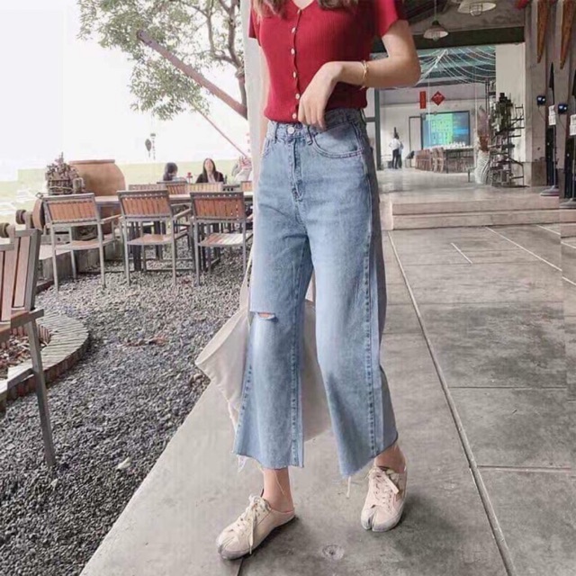 Quần culottes baggy jeans ống loe nhẹ rách gối kèm ảnh thật hàng ulzzang có sẵn tại shop