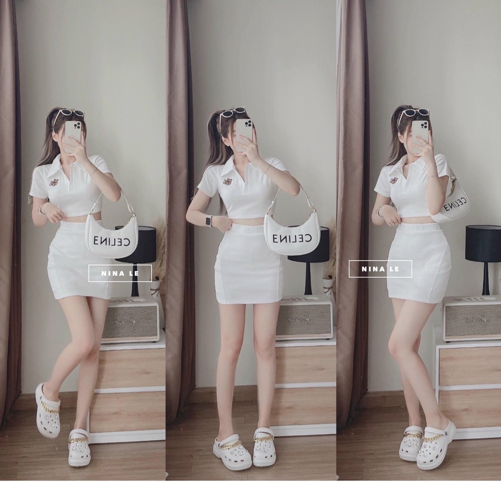 [9.9 Sales Freeship] Set váy thun trắng in gấu,set áo cổ bẻ croptop mix chân váy ôm chữ A chất borip dạo phố xinh xắn dx