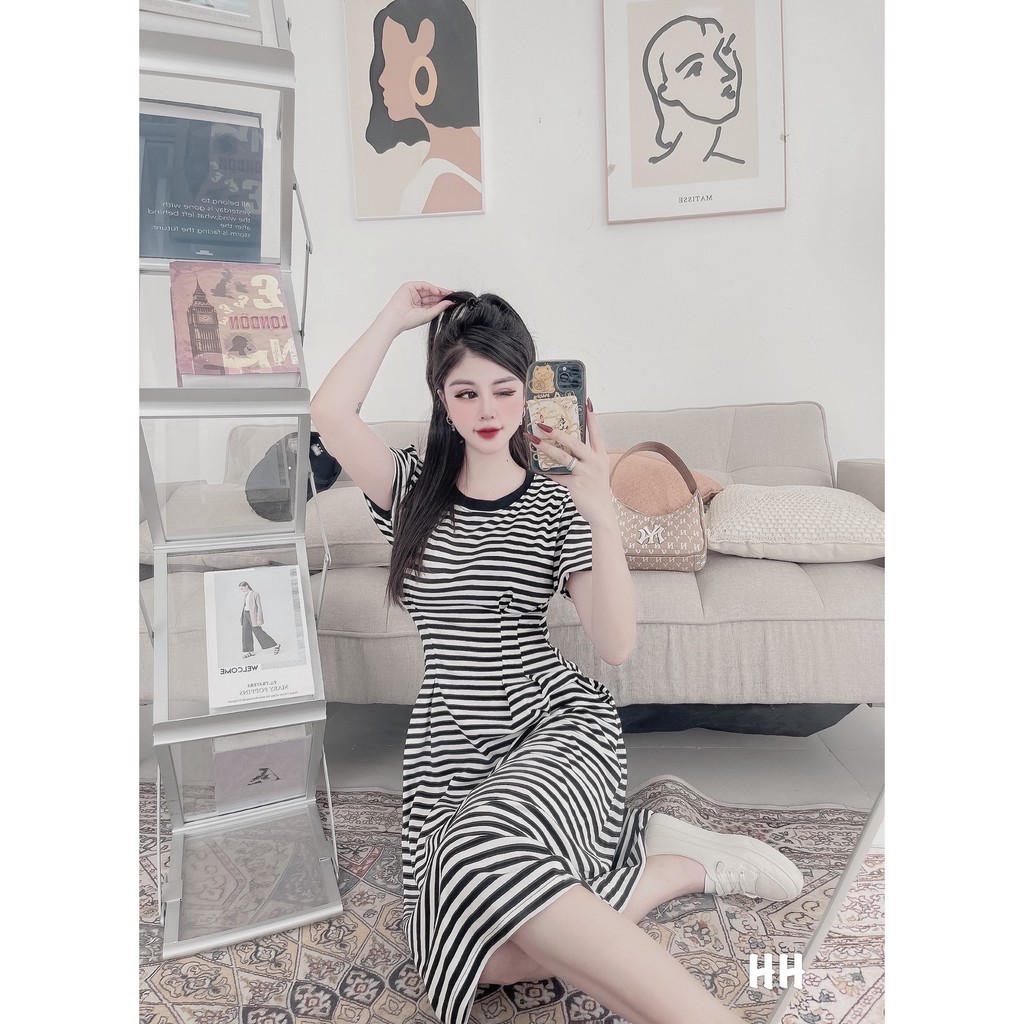 VN132 - VÁY KẺ XÒE CHIẾT EO CỔ TRÒN CHO NỮ | BigBuy360 - bigbuy360.vn