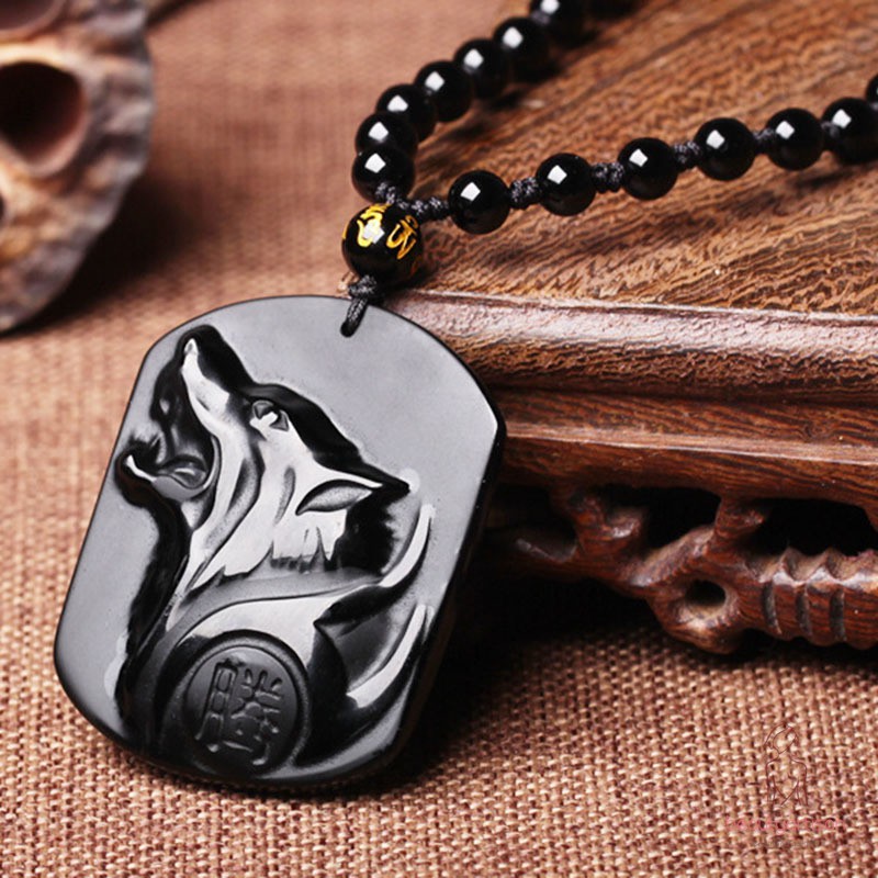 Dây chuyền phong thủy may mắn khắc hình chó sói bằng đá Obsidian