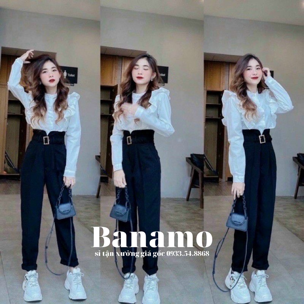 Quần bagyy nữ cạp xẻ cao tôn dáng chất đẹp thời trang Banamo Fashion bagyy xẻ cạp kèm đai 8336