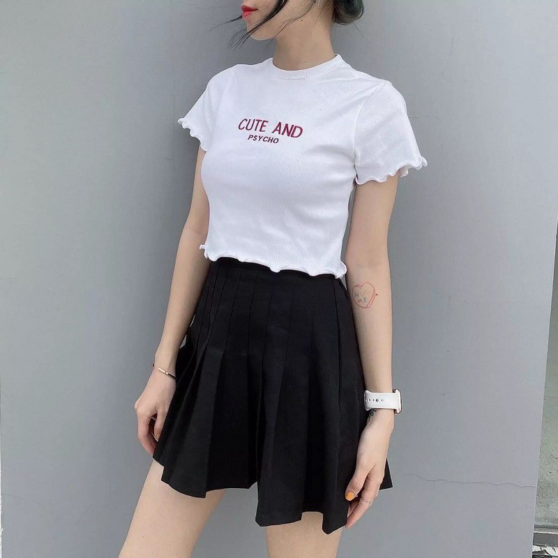 Áo croptop nữ Cute And 2 màu trắng đen viền bèo kiểu ôm - VIETCEN