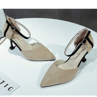 Giày cao gót nhọn 7p bít mũi gót sọc đen