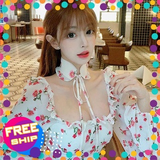 Áo Croptop Choker Hoa Nhí Tay Phồng Sexy