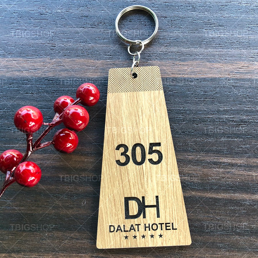 Móc khóa gỗ khắc laser số phòng, logo, tên khách sạn, nhà nghỉ, homestay thiết kế sang trọng