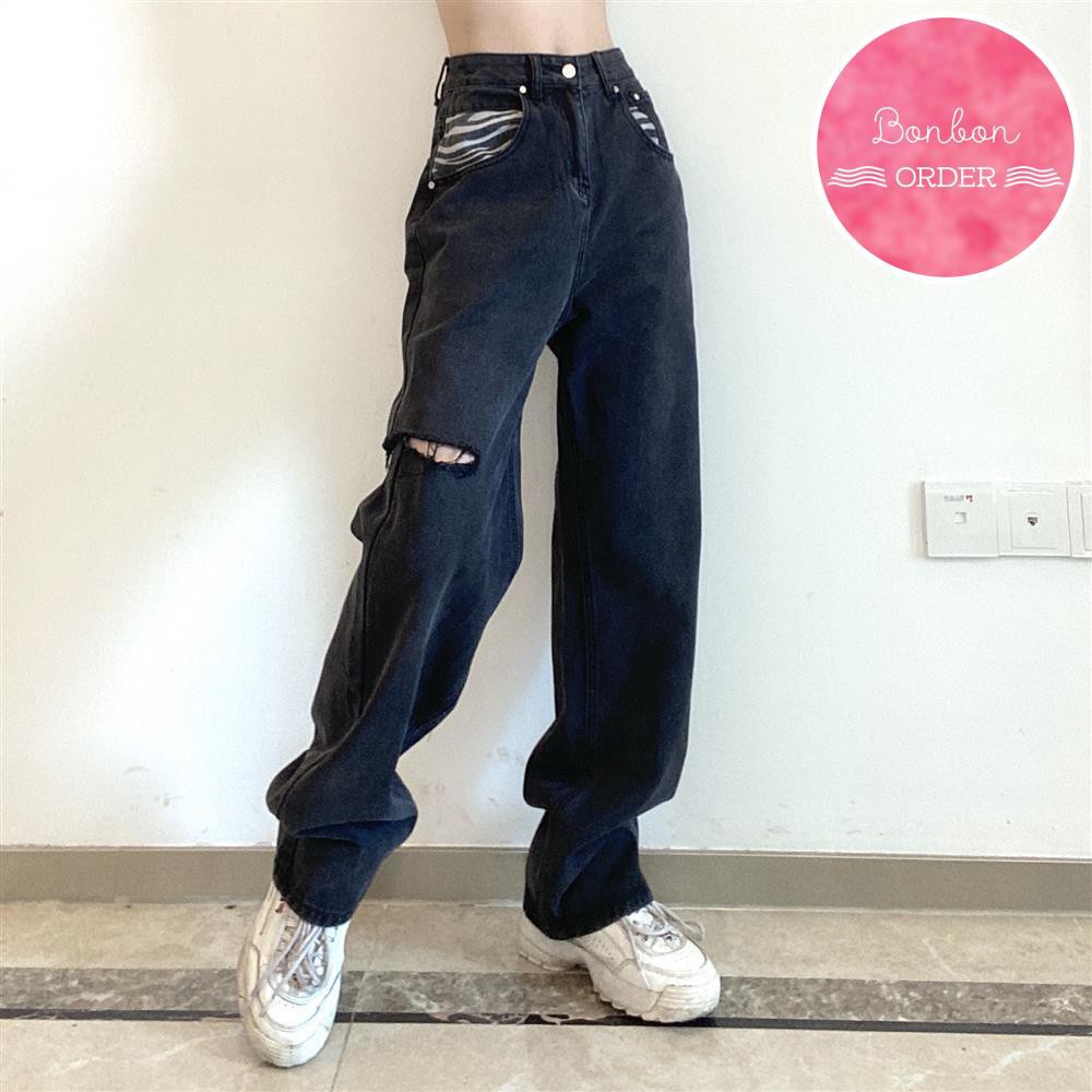 QUẦN JEAN ULZZANG ỐNG RỘNG RÁCH GỐI CỰC COOL - [Bonbon Order Ulzzang]