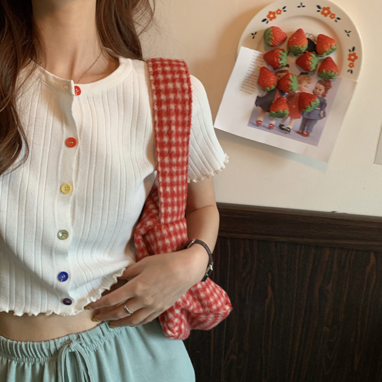 Korean Summer 4-color Shirt Top Women's Color Button Short Sleeve Tight Short Crop Top