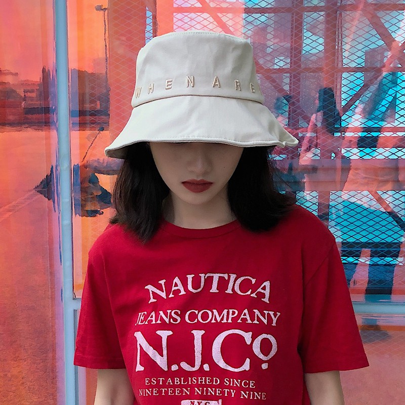 Nón Tai Bèo Vành Rộng Thêu Chữ Đơn Giản Thời Trang Nhật Bản Cho Nữ