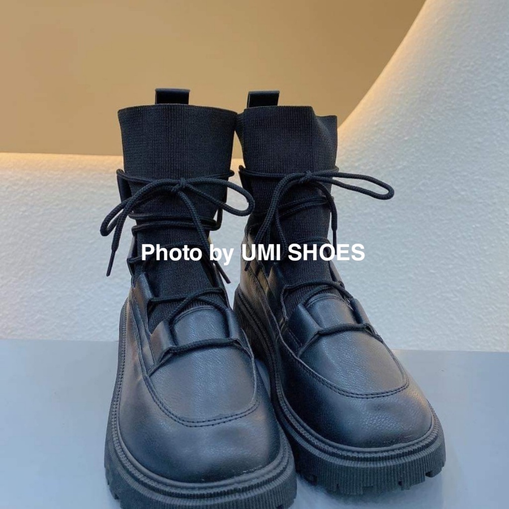 Giày bốt nữ cao cổ da mềm cổ chun ôm chân đế cao 3cm phong cách Hàn quốc phối đồ xinh cá tính đơn giản thời trang