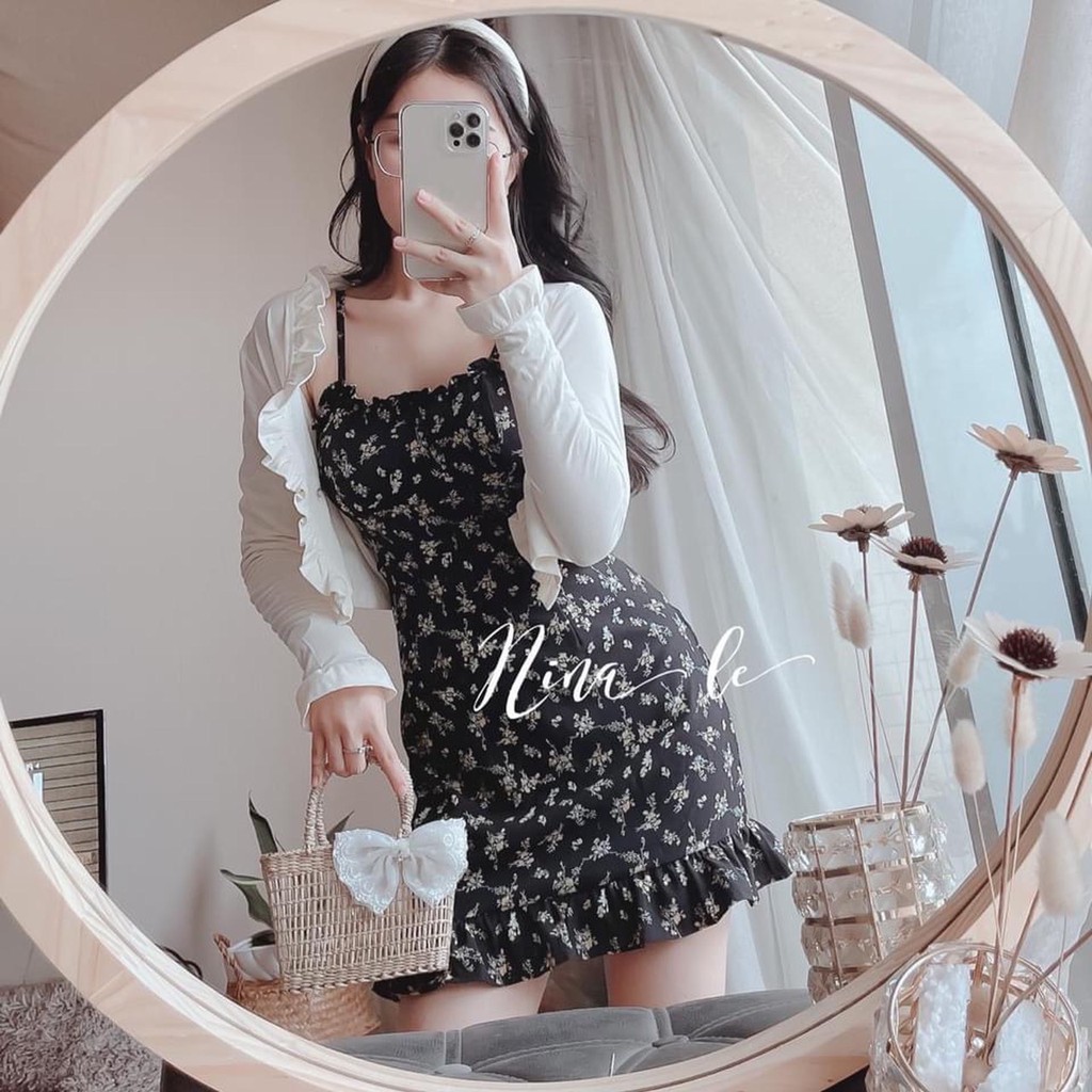 [Mã FATHANG5 giảm 10K đơn 50K] SET ĐẦM HOA ĐEN 2 DÂY LAI BÈO KÈM KHOÁC | BigBuy360 - bigbuy360.vn