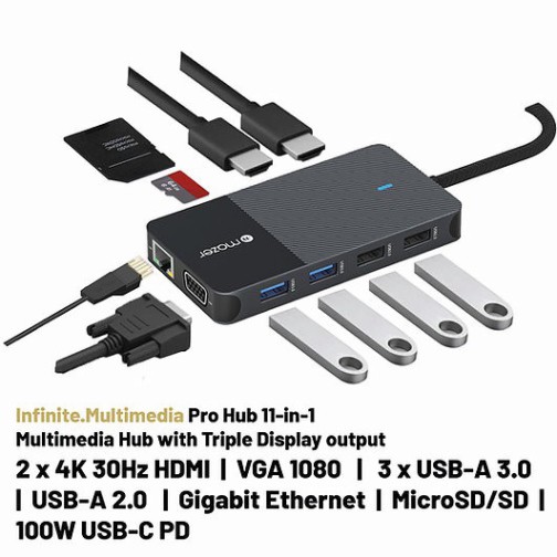 Cổng Chuyển Đổi Mazer Infinite.HUB Pro 11-in-1 USB-C to HDMI x2 RJ45 x1,VGA x1,SD Micro SD USB 3.0 x2 USB2.0 x1 BH 5năm