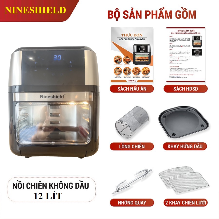 [Mã ELHADEV giảm 4% đơn 300K] Nồi Chiên Không Dầu Nineshield 12l KB-1201 Bảo Hành 12 Tháng, Nồi Ko Dầu Nấu Cho Cả Nhà