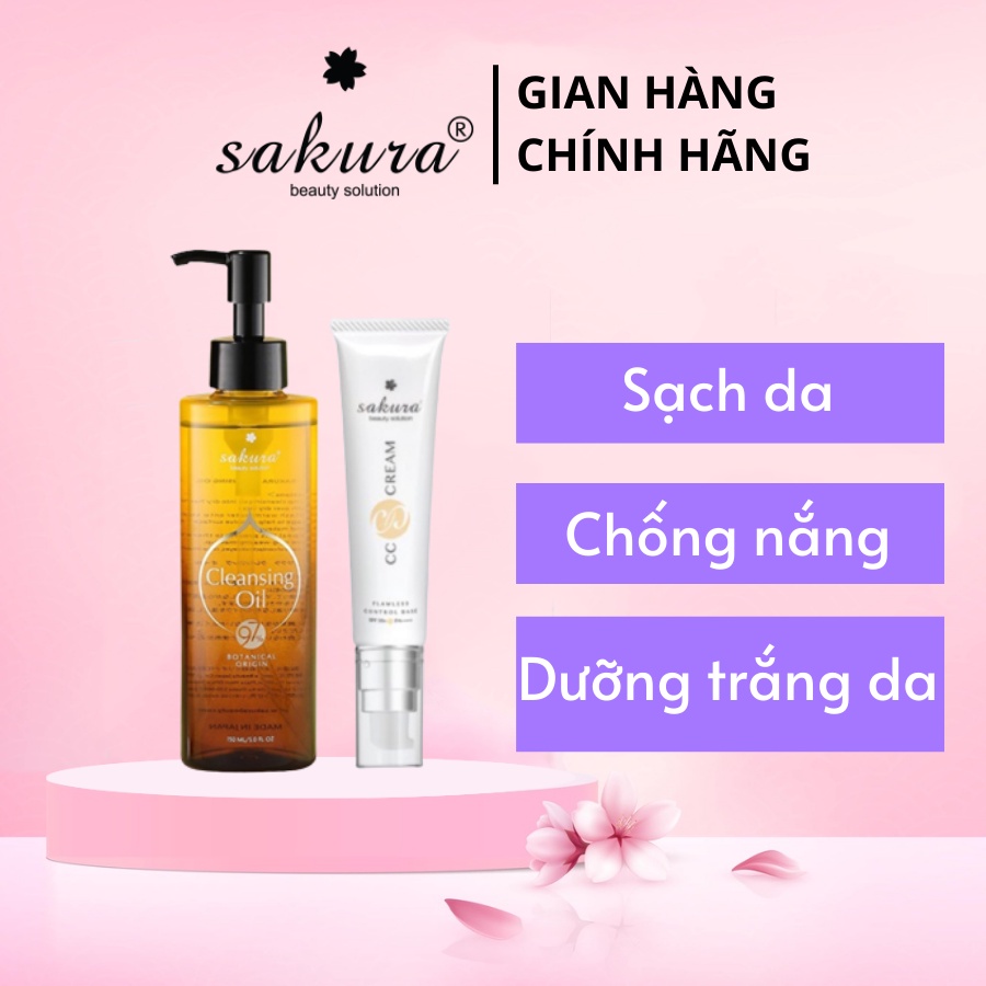 Bộ sản phẩm kem trang điểm chống nắng dưỡng trắng CC Cream 30g và Dầu tẩy trang làm sạch Sakura 40ml