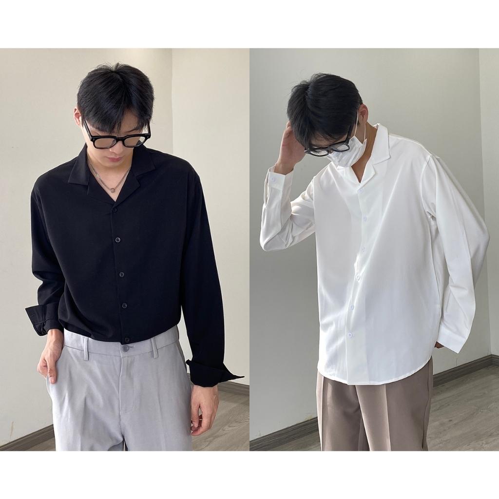 Áo sơ mi nam form rộng Boiz màu trắng và đen sơ mi lụa học sinh mịn mát form rộng suông