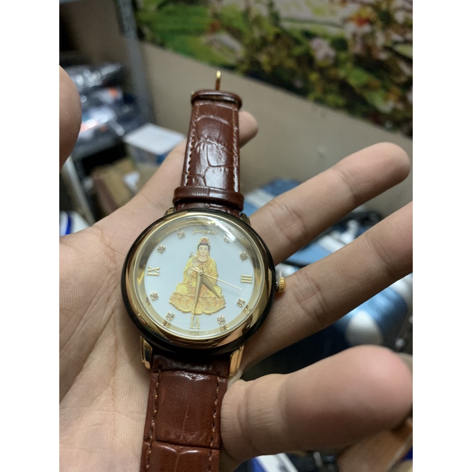 Đồng Hồ Đôi Nam Nữ Mặt Tròn Hình Phật Nạm Ngọc Bích - Đồng Hồ Godfell Nhật Bản Bảo Hành 1 Năm
