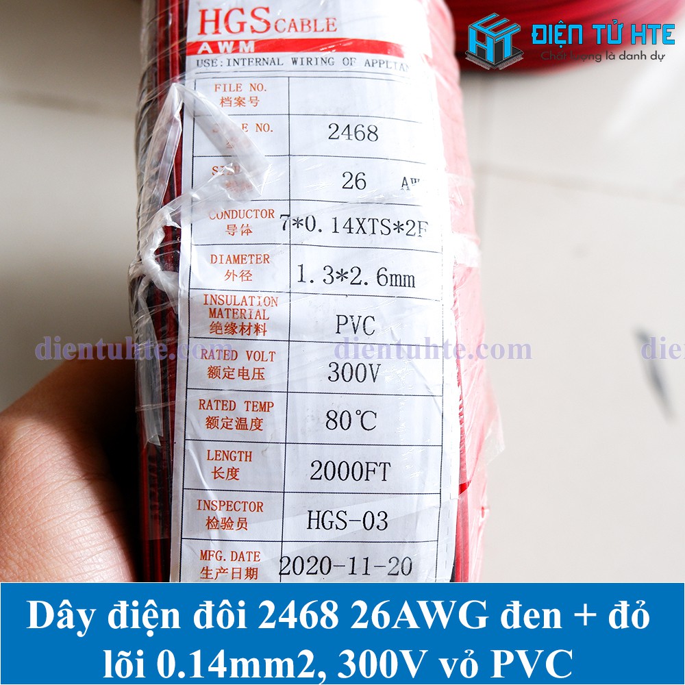 Combo 5 mét Dây điện đôi 2468 đỏ - đen 26AWG lõi 0.15mm2 vỏ PVC [HTE Quy Nhơn CN2]