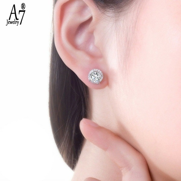 Khuyên tai mạ bạc 925 mặt tròn đính đá 1 karat nhân tạo phong cách mới thời trang