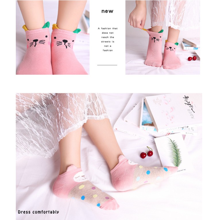 Tất nữ cổ ngắn, vớ cổ ngắn nữ vải cotton co giãn họa tiết hình thú thời trang Hàn Quốc 5 đôi TC14 - VHT SHOP