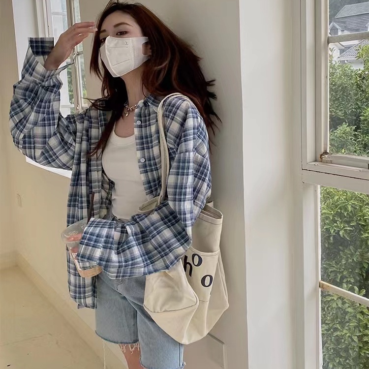 Áo sơ mi SUXI caro tay dài dáng rộng phong cách Hàn Quốc cho nữ