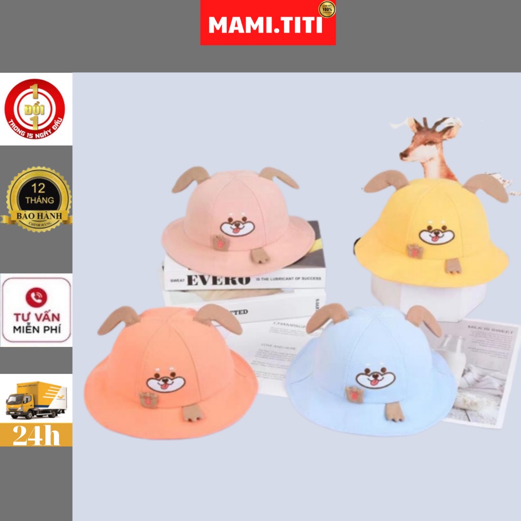 Mũ vành cho bé, Mũ vành tròn có tai cún cho bé từ 6 đến 3 tuổi, có 4 màu vàng/cam/xanh/hồng