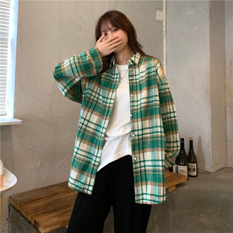 Áo sơ mi tay dài dáng rộng họa tiết caro phong cách Hàn Quốc thời trang cho nữ