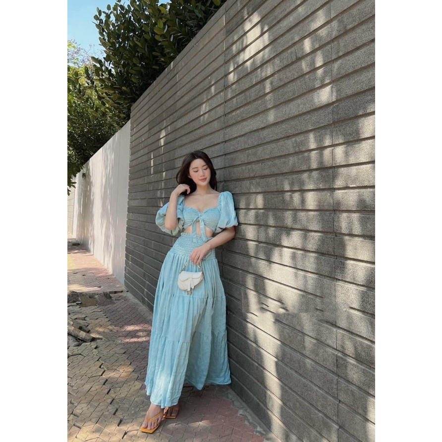 Đầm maxi đũi xanh dương xanh mint áo nhún xoè tay phồng - set áo croptop tay bồng chân váy dài đi chơi đi biển