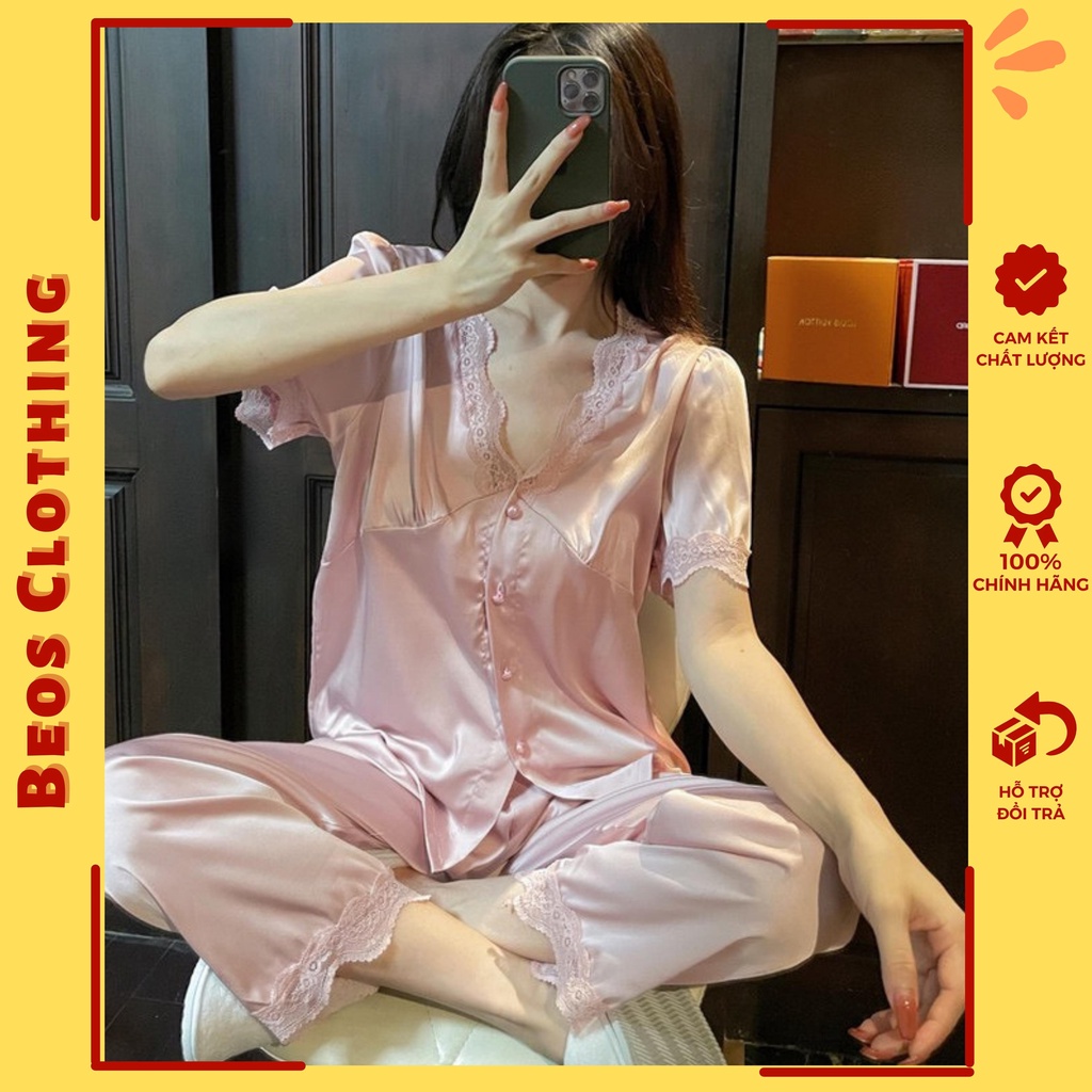 Đồ bộ nữ pijama lụa ngủ mặc nhà tiểu thư tay ngắn quần dài mango dễ thương