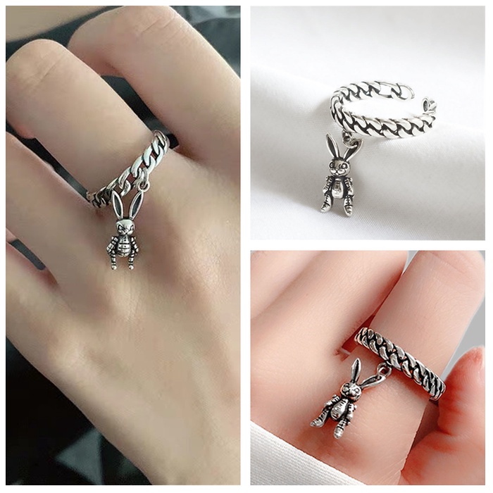 1 Nhẫn Hở Mạ Bạc Họa Tiết Thỏ Hoạt Hình Phong Cách Cổ Điển Cá Tính Dành Cho Nữ
