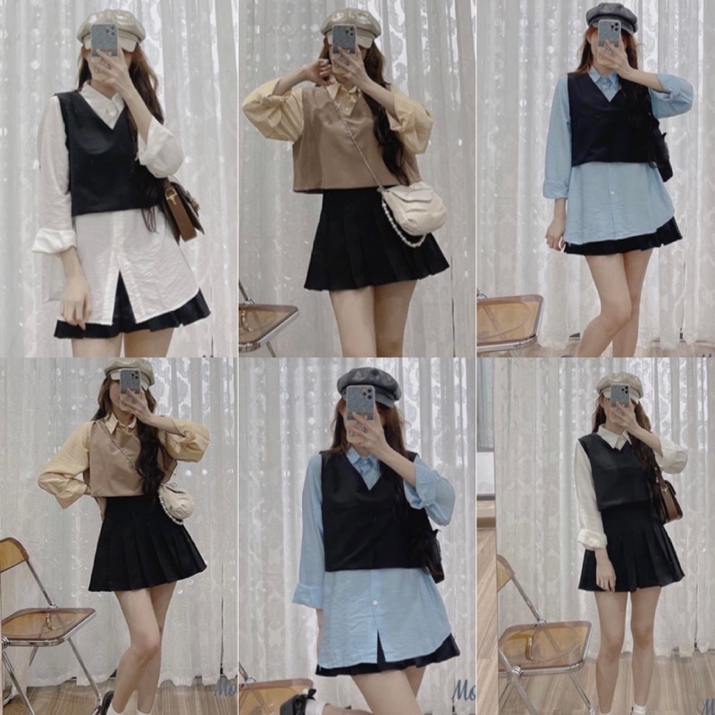 Set Áo GHILE gồm áo sơmi tay dài và ghile ngoài thiết kế form rộng style hàn xẻng dễ mix đồ hàng nhập quảng châu