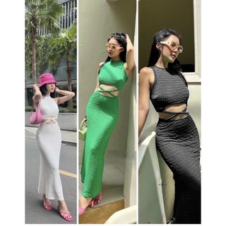 Đầm body nữ ba lỗ phối dây eo dáng midi chất xốp
