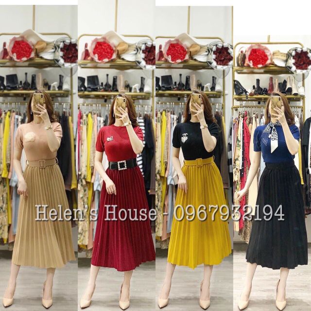 Chân váy dập li kèm đai vuông hàng QC