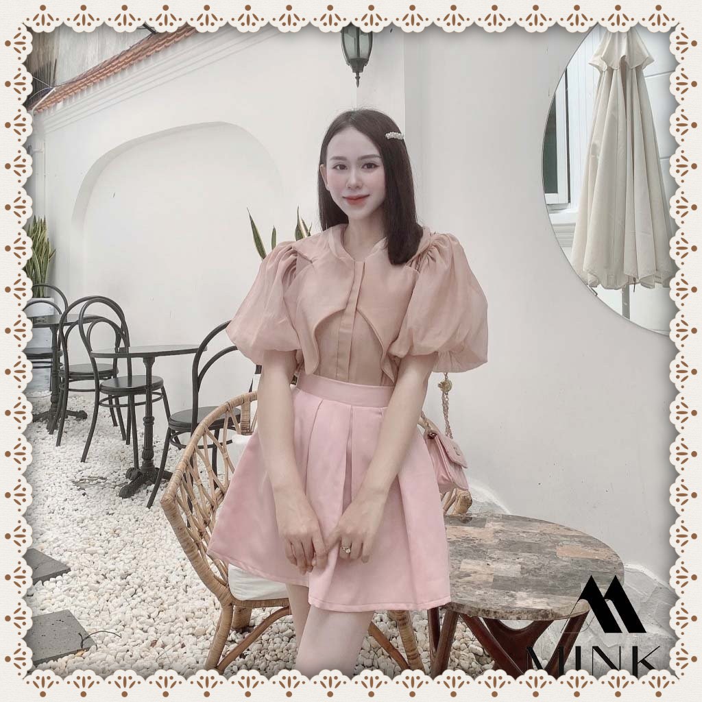[HÀNG THIẾT KẾ] Set Áo Sơ Mi Organza Tiểu Thư và Chân Váy Xếp Ly - Chất Liệu Voan Organza Nhập Khẩu - Màu Hồng Baby