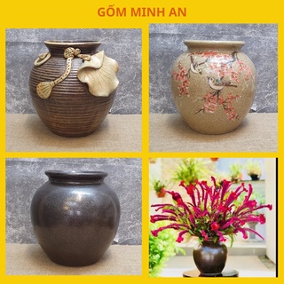 Bình hoa lọ hoa men mộc dáng vò tròn đắp sen nổi, vẽ hoa văn, bóng gốm sứ bát tràng-gốm minh an-lọ hoa đẹp