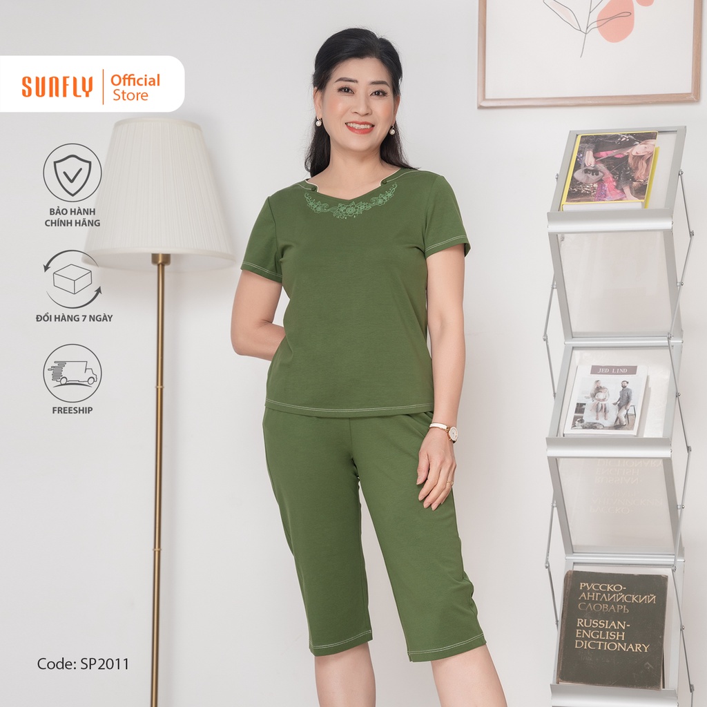 Bộ đồ mặc nhà nữ cotton SUNFLY áo cộc tay, quần ngố SP2011