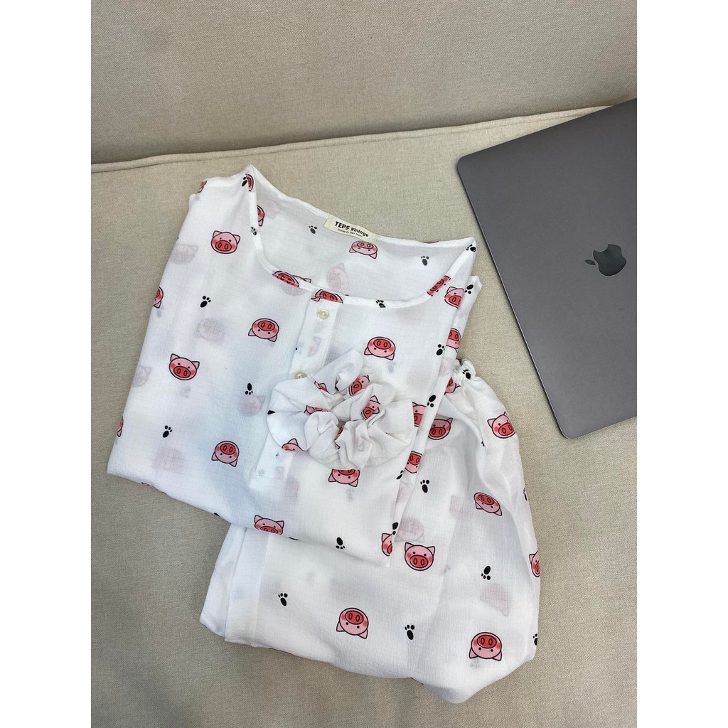 Bộ đồ ngủ cộc tay họa tiết chất thô đũi- Miho house